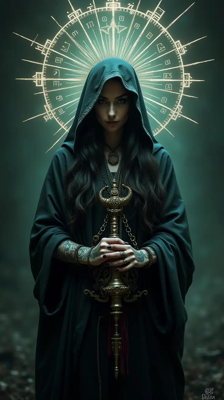 Hooded-Female-Druid-with-Antique-Tattoo-Machine-in-Mysterious-Dark-Setting