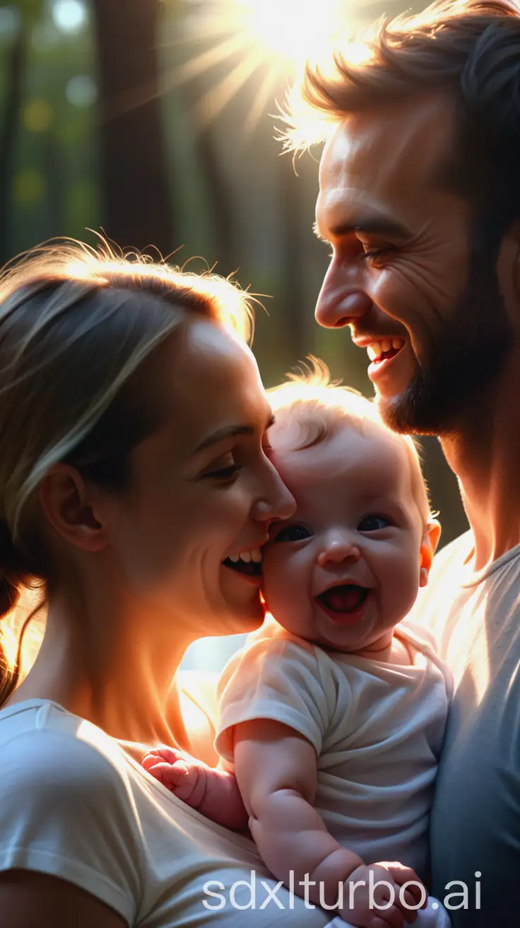 man, woman and baby are happy, sunlight falls on their faces, realistic image, super detail, high resolution, 4K