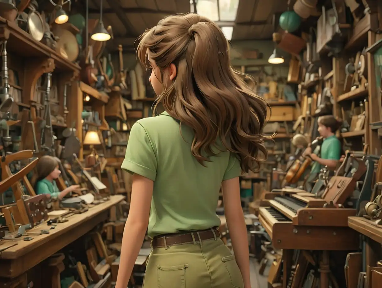 a wide-angle view from behind of a girl wearing a green shirt in an old musical instrument shop., 3d disney inspire