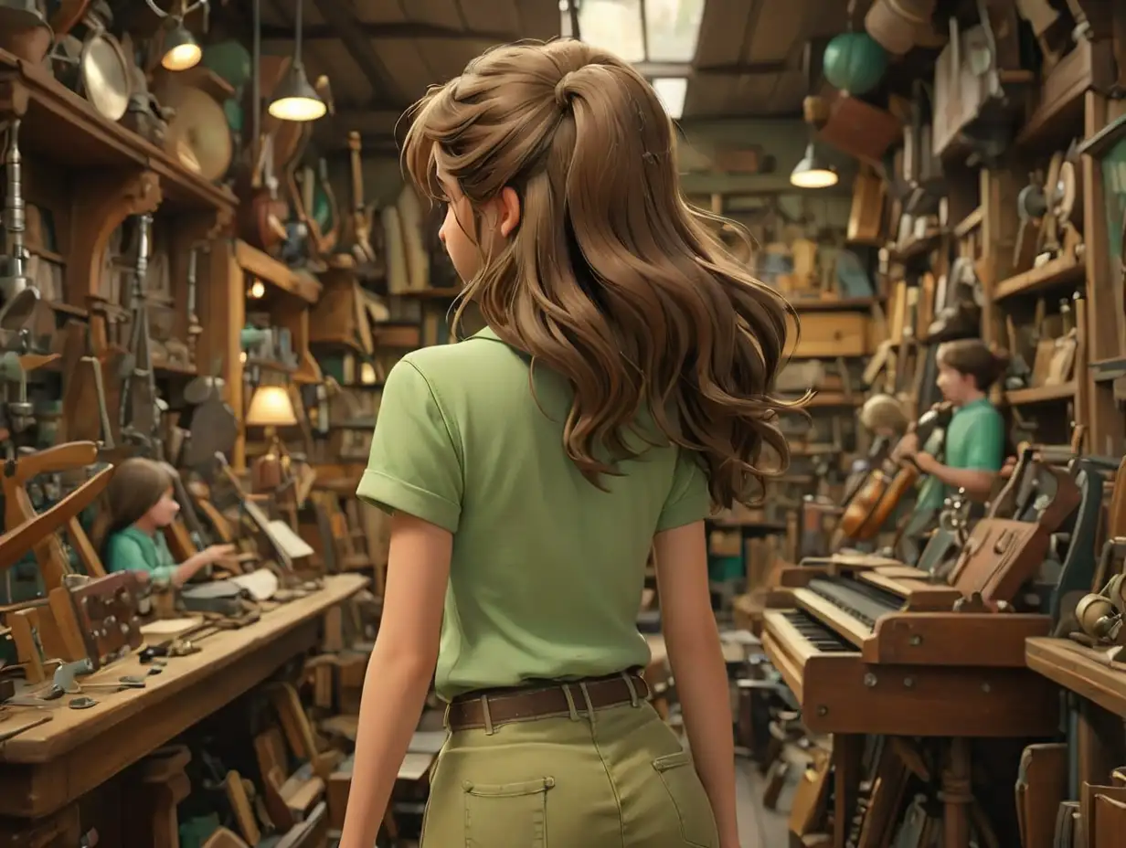 Girl-in-Green-Shirt-Exploring-Vintage-Musical-Instrument-Shop