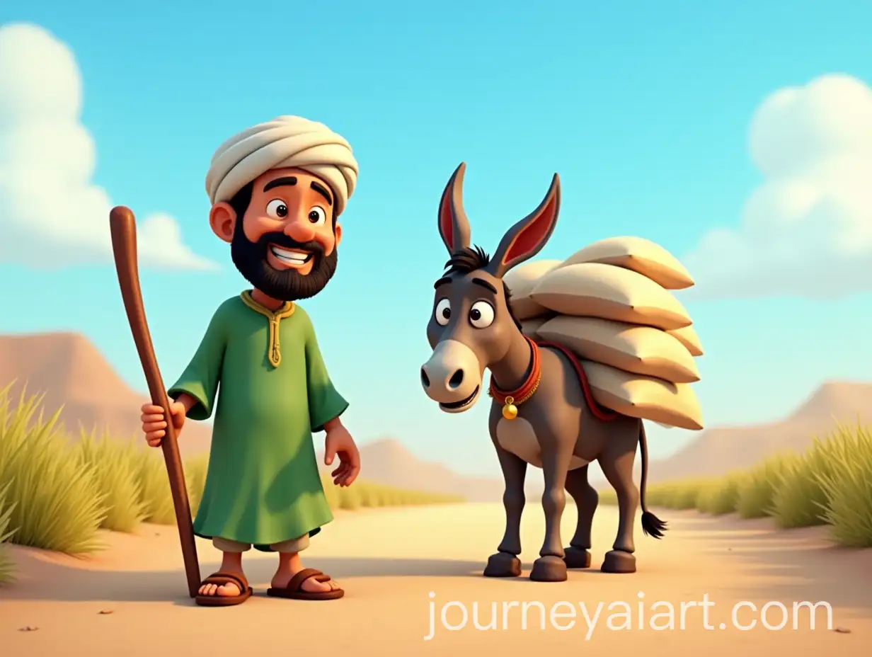 Cheerful-Merchant-Loading-Salt-onto-Donkey-on-Dirt-Road