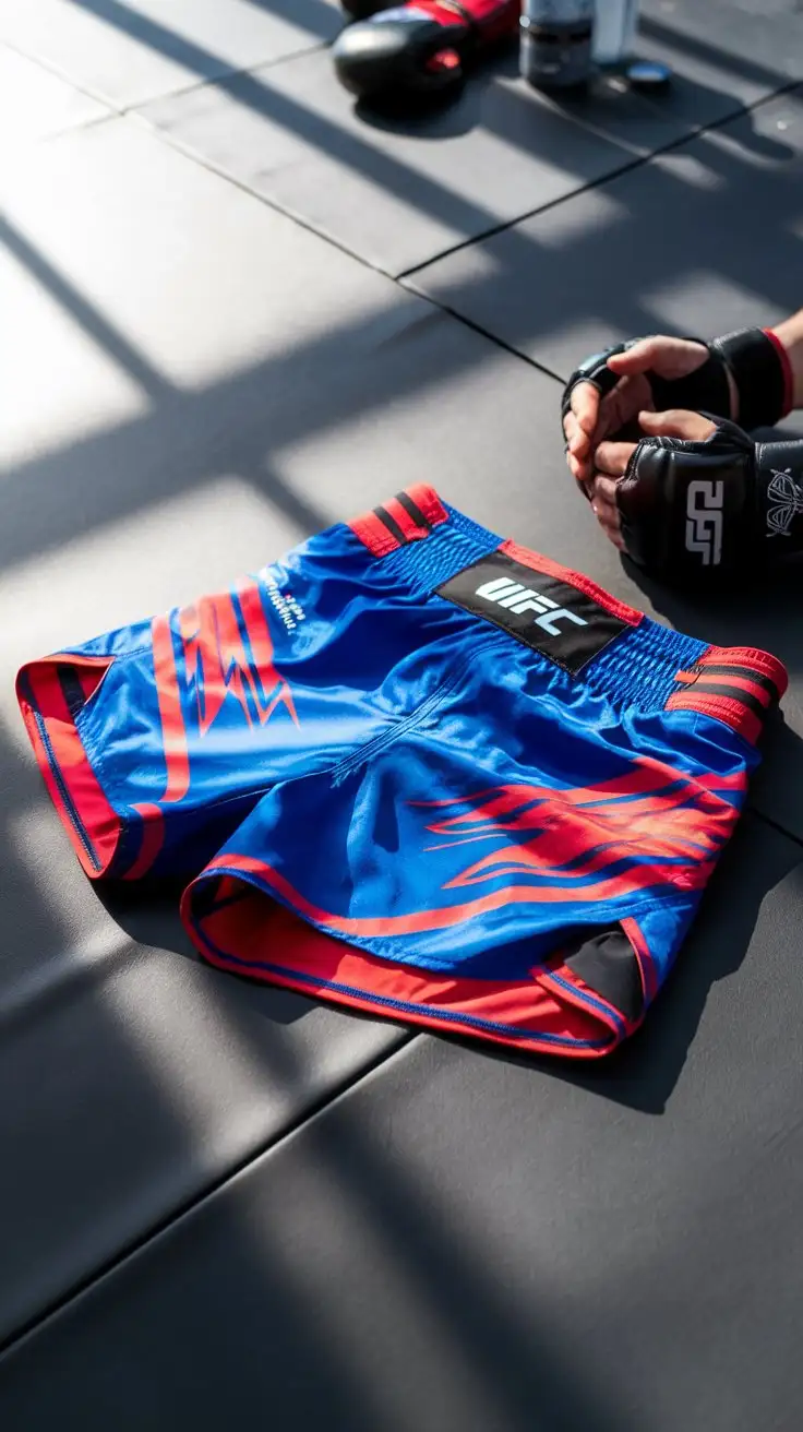 Vibrant MMA Shorts on Gym Mat with Athletic Gear