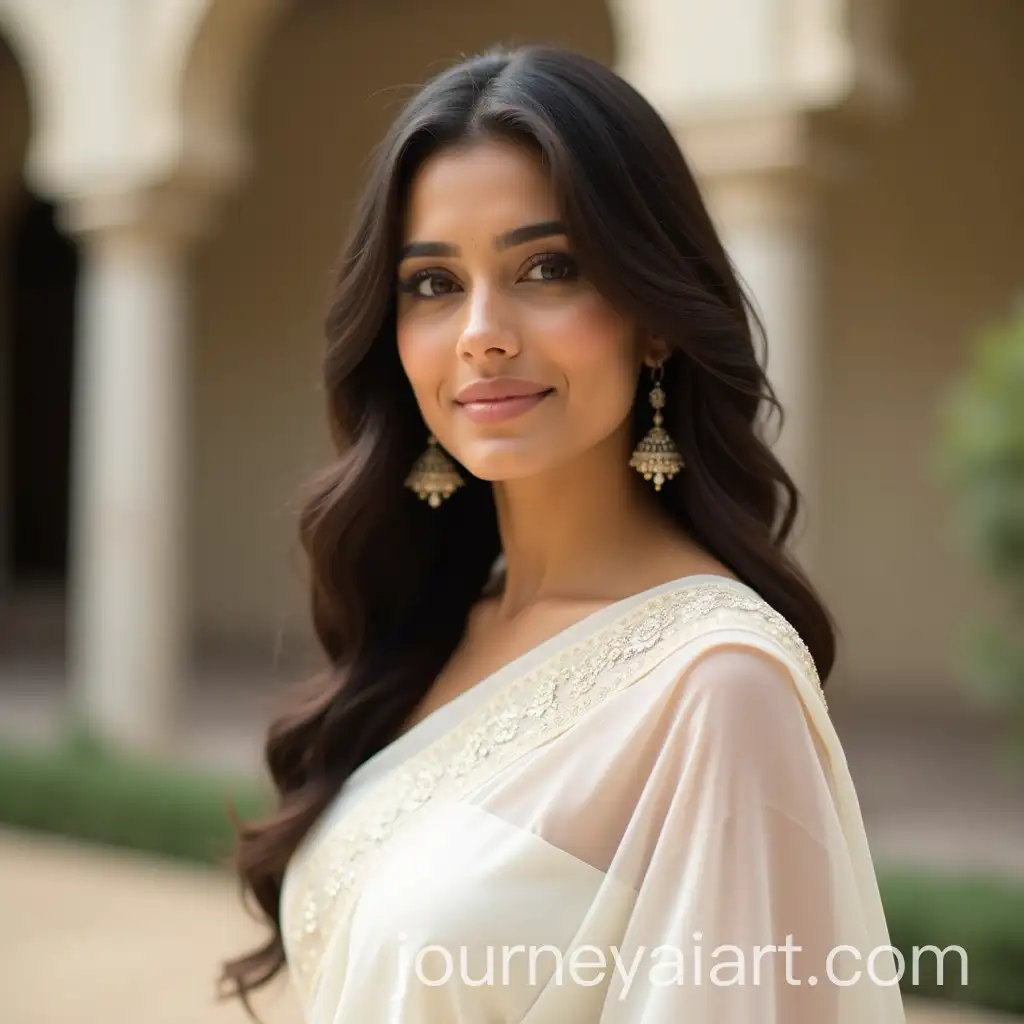 Elegant-Indian-Woman-in-White-Saree-inAI-Art-Prompt-Expansion-a-Serene-Outdoor-Setting