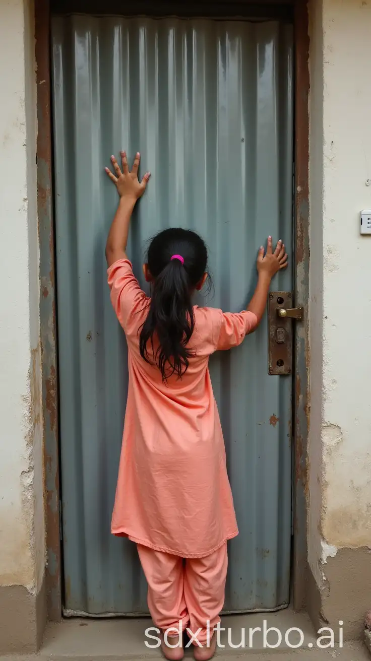 A young girl aged 18 knocking vigorously a closed door to open it. Door is made of a corrugated tin sheet having a hand held handle, but surrounding is neat and clean. Girl has pony tail hair. Wearing salwar and kamij