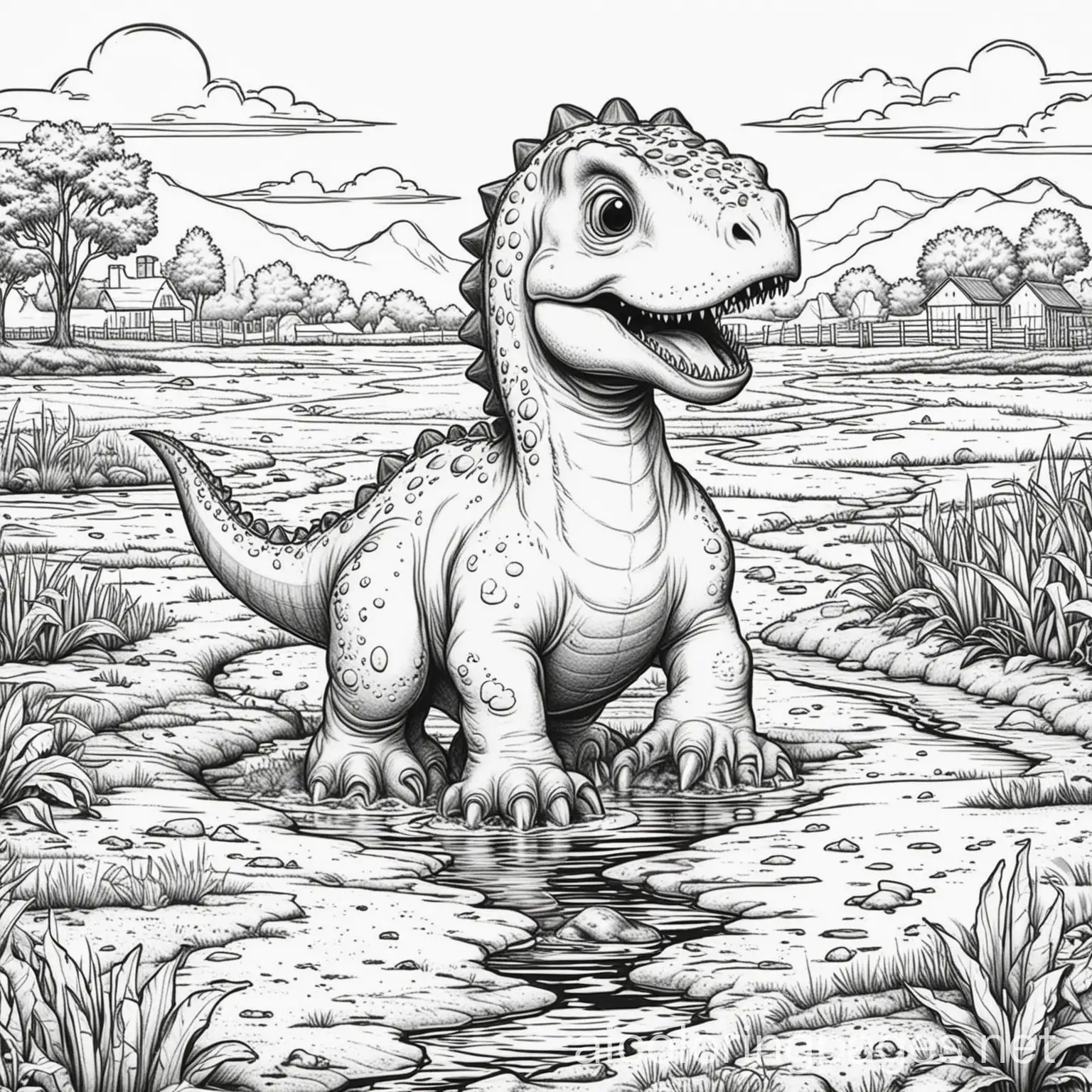 Dinosaur-Playing-in-Mud-Puddle-on-Farm-Field-Coloring-Page