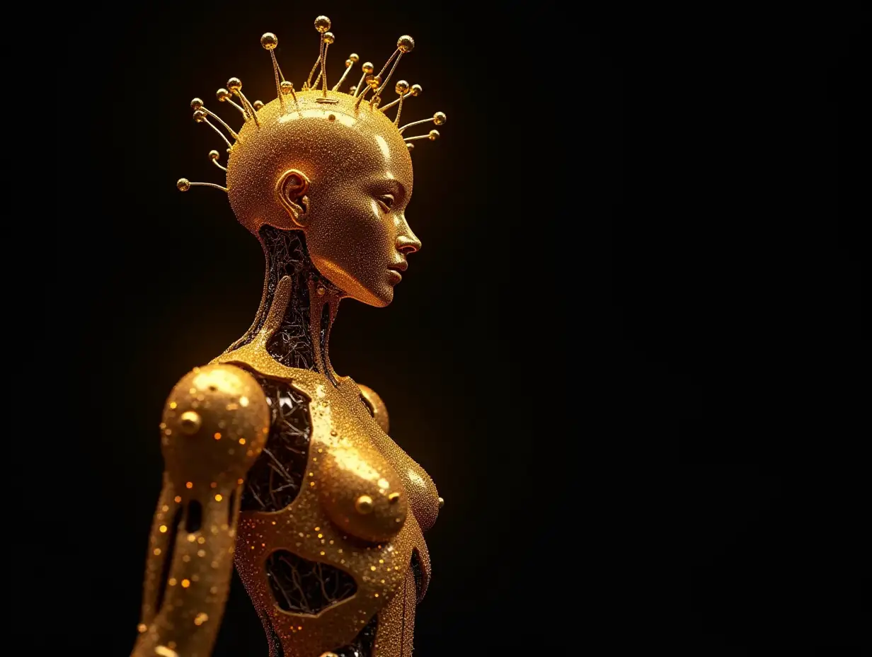 goldenem Complex-Horizon-Fractals humanoid robot with Complex-Horizon-Fractals body and Fracta-Glatze with root on head, with black background bright warm and creative atmosphere creates. The interaction conveys a feeling of craftsmanship and innovation tripple exposure