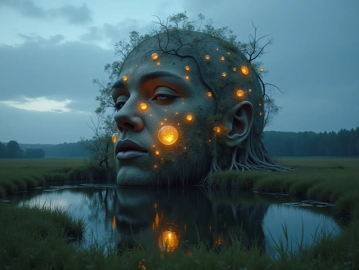 Face transforms into a building with glass glowing spheres and roots Lit up on a meadow with lake looking towards the viewer