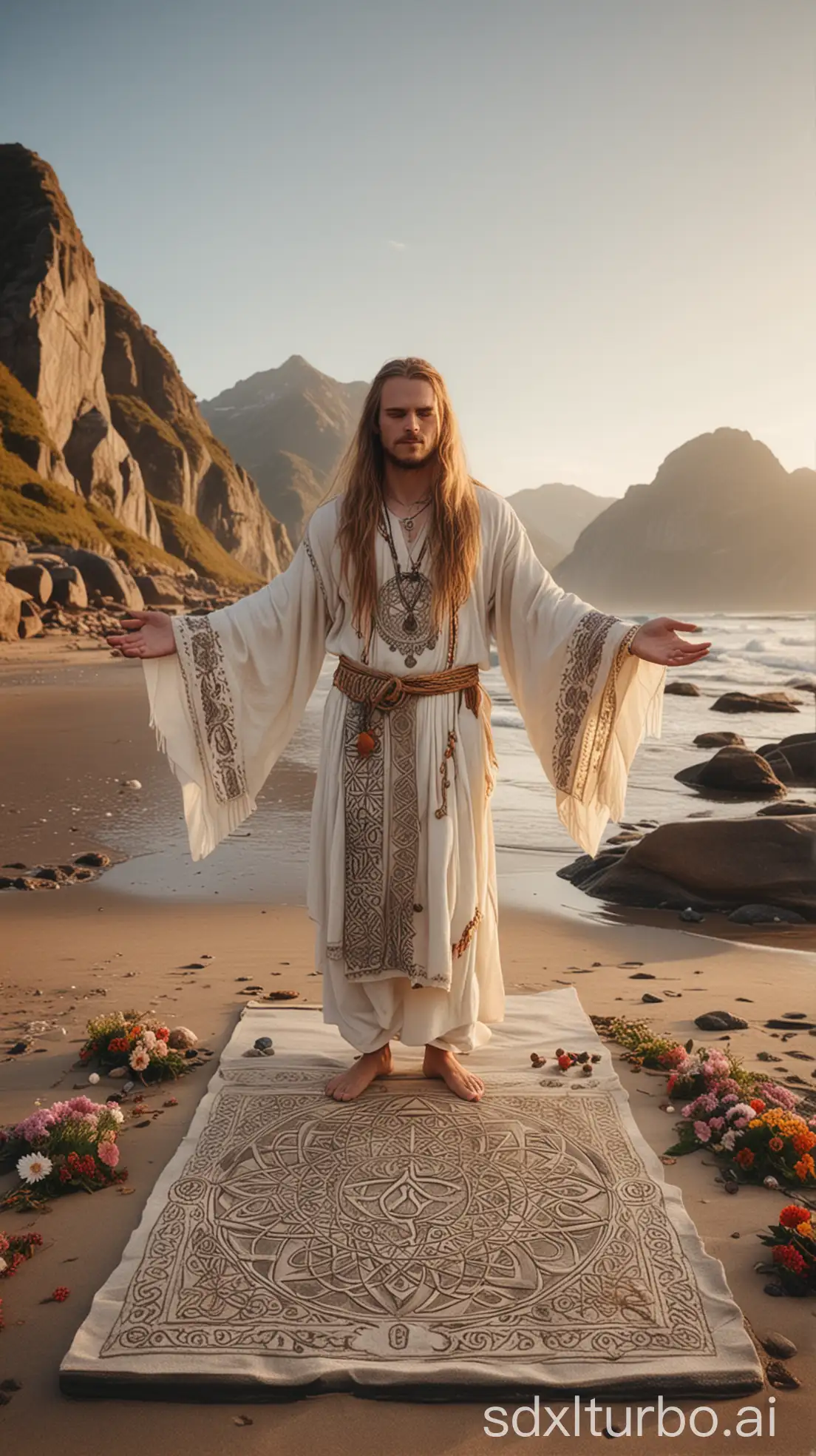 a far nordic young male yogi, long flowing hair, adorned tunic with runes, mystical necklaces, magical symbols, extended arm yoga pose, serene sandbeach, tranquil seashore, yoga mats with runic patterns, ancient carved runic stones, vibrant flowers, majestic mountains backdrop, enchanting nordic sunrise atmosphere, ethereal lighting, dreamy pastel colors, soft golden glow, misty aerial perspective, intricate costume details, sacred geometry, harmonious composition, idyllic scenery, otherworldly ambiance