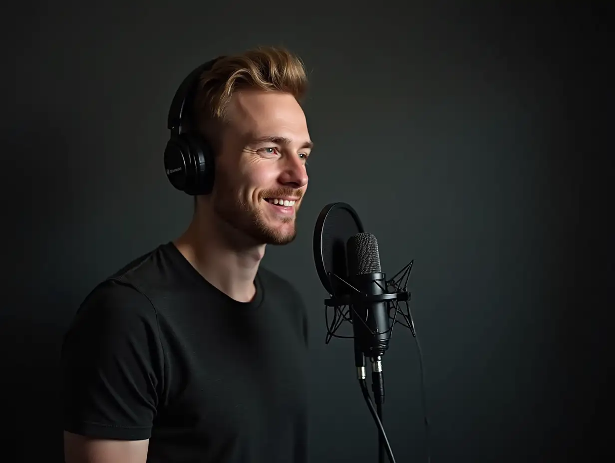 Young-Man-Recording-Podcast-in-Studio-with-Dark-Gray-Background-and-Key-Lighting