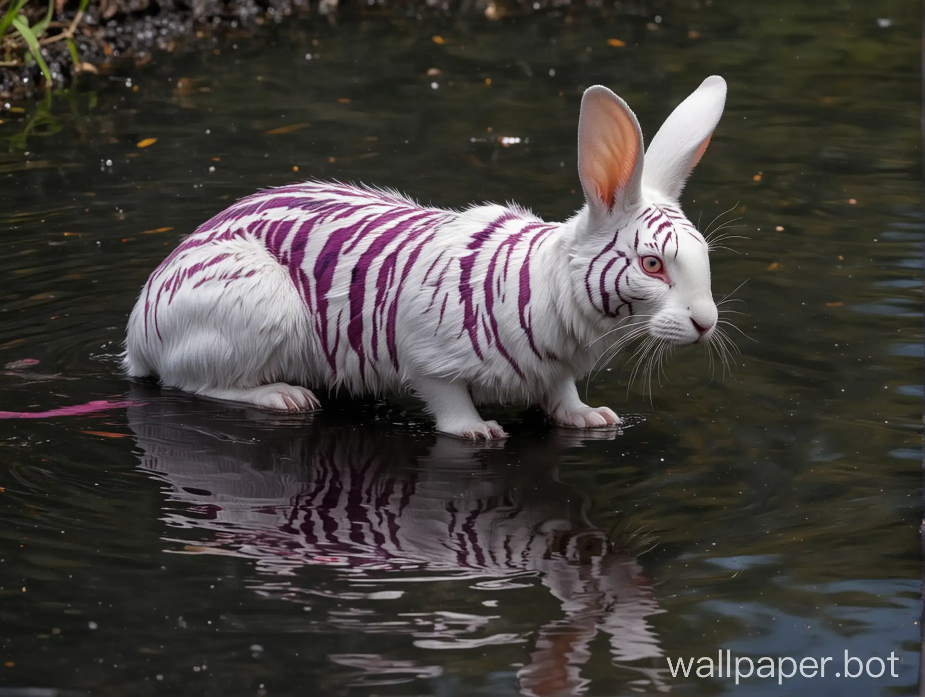 A white rabbit with purple tiger stripes, six ears, and three pink eyes walks on the surface of a reflective black pool of water