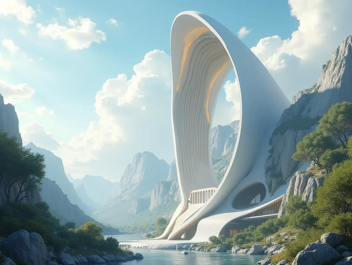 Create a high-resolution, realistic image of a very tall futureistic building with white and golden curves, large trees, mountains, rocky clouded sky