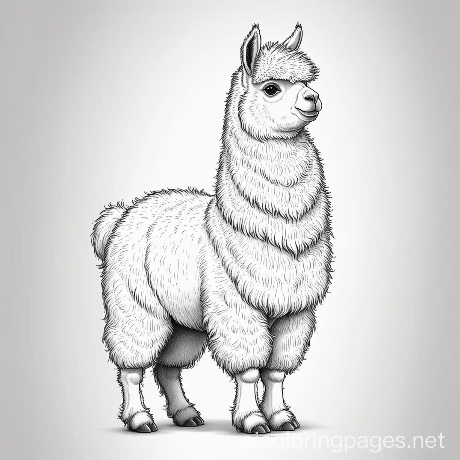 A llama with a fluffy coat, Coloring Page, black and white, line art, white background, Simplicity, Ample White Space. , Coloring Page, black and white, line art, white background, Simplicity, Ample White Space. The background of the coloring page is plain white to make it easy for young children to color within the lines. The outlines of all the subjects are easy to distinguish, making it simple for kids to color without too much difficulty