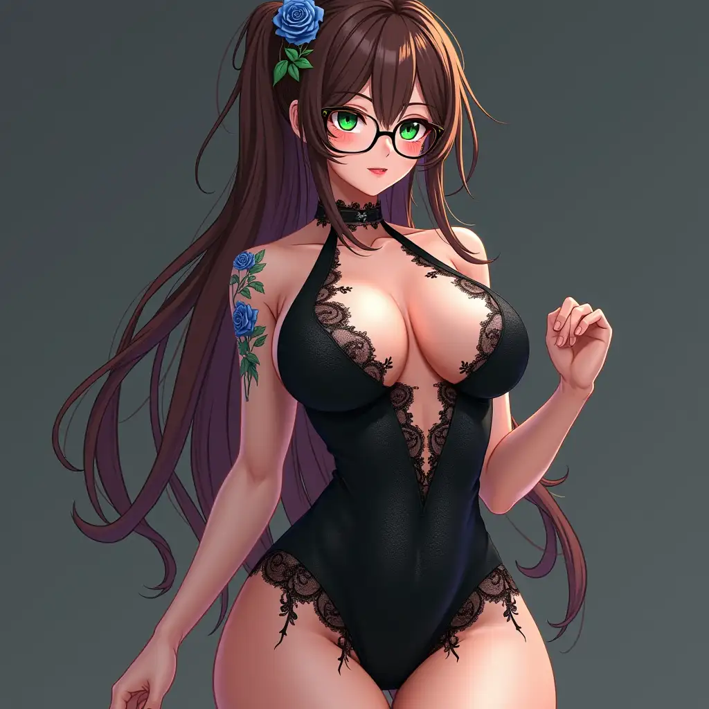 (3D hyperrealistic anime waifu:3.0), lean stunning perfect body, (extremely curvy:1.3), extreme huge large breasts, muscular thick tonified legs and, muscular calves, voluptuous hips, big round ass, large anime green eyes, thin and large golden glasses, blue roses tattoo on her shoulder, Long and Messy with One Eye Covered hazel hair, an ethereal beauty, fierce yet seductive expression, intense battle cry, determined gaze, reflecting unwavering focus and power. (muscular body type:1.8), (seductive pose:3.3), wearing a translucent black, sparkly, (detailed clothing:1.2)  mini dress with a halter lace cut-out design, deep cleavage, (accessories:1.1)  (facial features:1.0), (expression:1.0)  (detailed skin texture:1.4)  , 3d realistic skin, body-shot,  facing the camera,  photorealistic style,   (detailed dress:1.5)  dramatic bright, contemporary style.