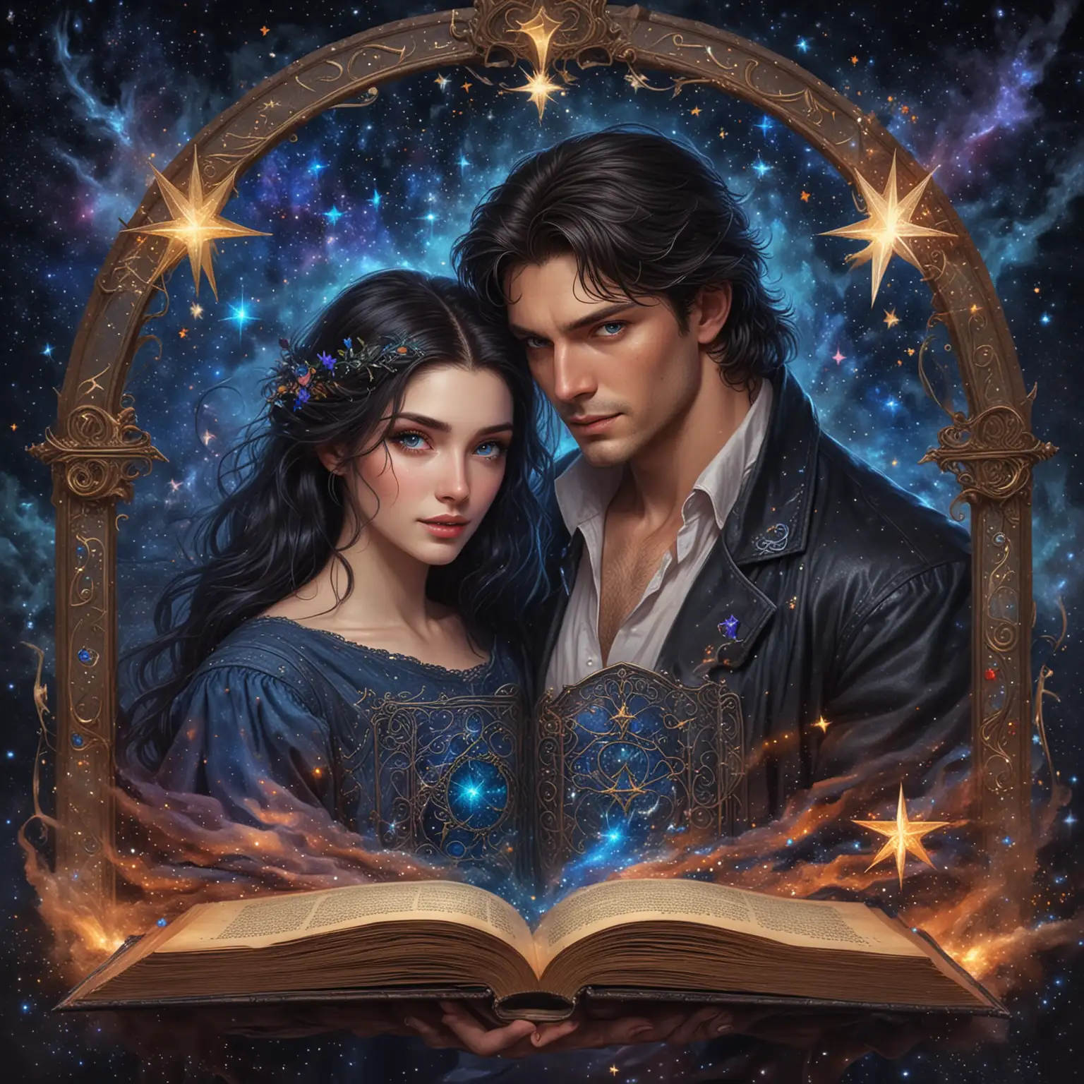 Magical Grimoire with Colorful Stars Man and Woman Couple