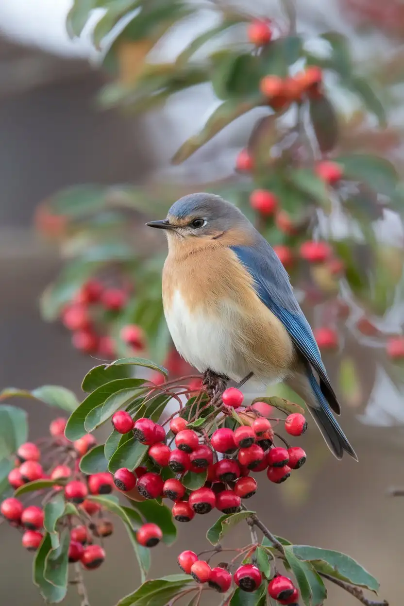 A female Eastern Bluebird perched on a branch laden with bright red berries (such as winterberries or sumac). The background should be a slightly out-of-focus mix of green leaves and other berry-filled branches, suggesting a late autumn or early winter scene. The female bluebird should exhibit her softer blue-gray upperparts and her warm orange-brown breast. Focus on the contrast between the bird's plumage and the vibrant red of the berries.