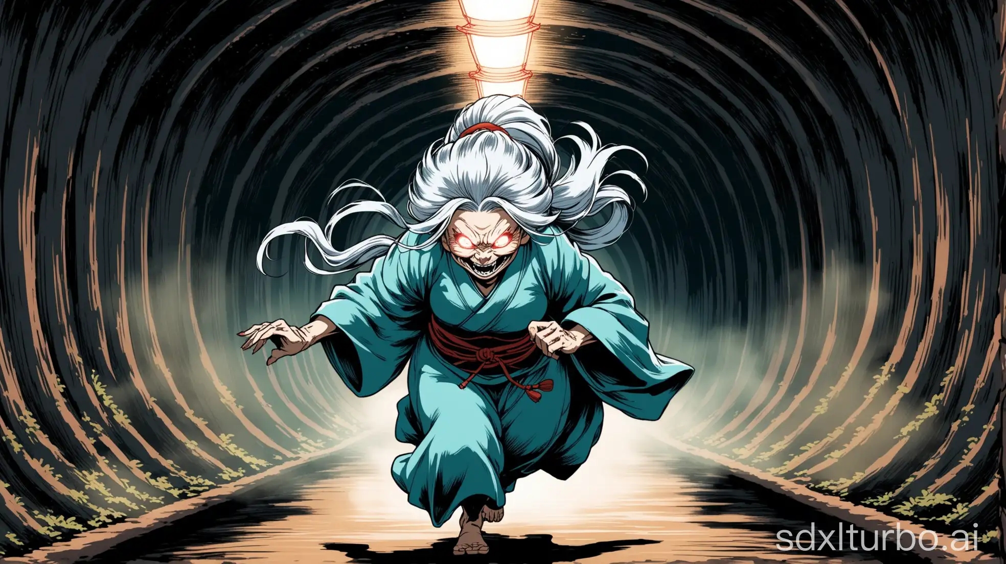 Yokai-Turbo-Granny-Running-Through-a-Japanese-Tunnel-in-Edo-Period-Style