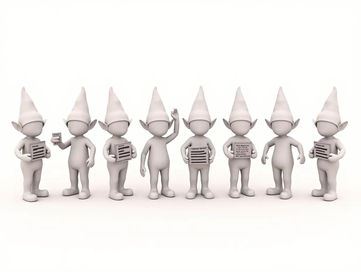 Create 10 elfs standing in line. The space between them is wide enough, so they don't intersect. The first elf is showing an Image icon; The second is showing a video icon; The third is showing a paper with a poem on it; The image has a completely white background