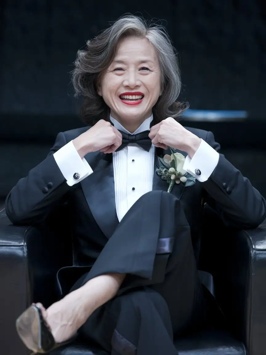 Elegant-Chinese-Woman-in-Tuxedo-Adjusting-Bowtie-in-Dimly-Lit-Room