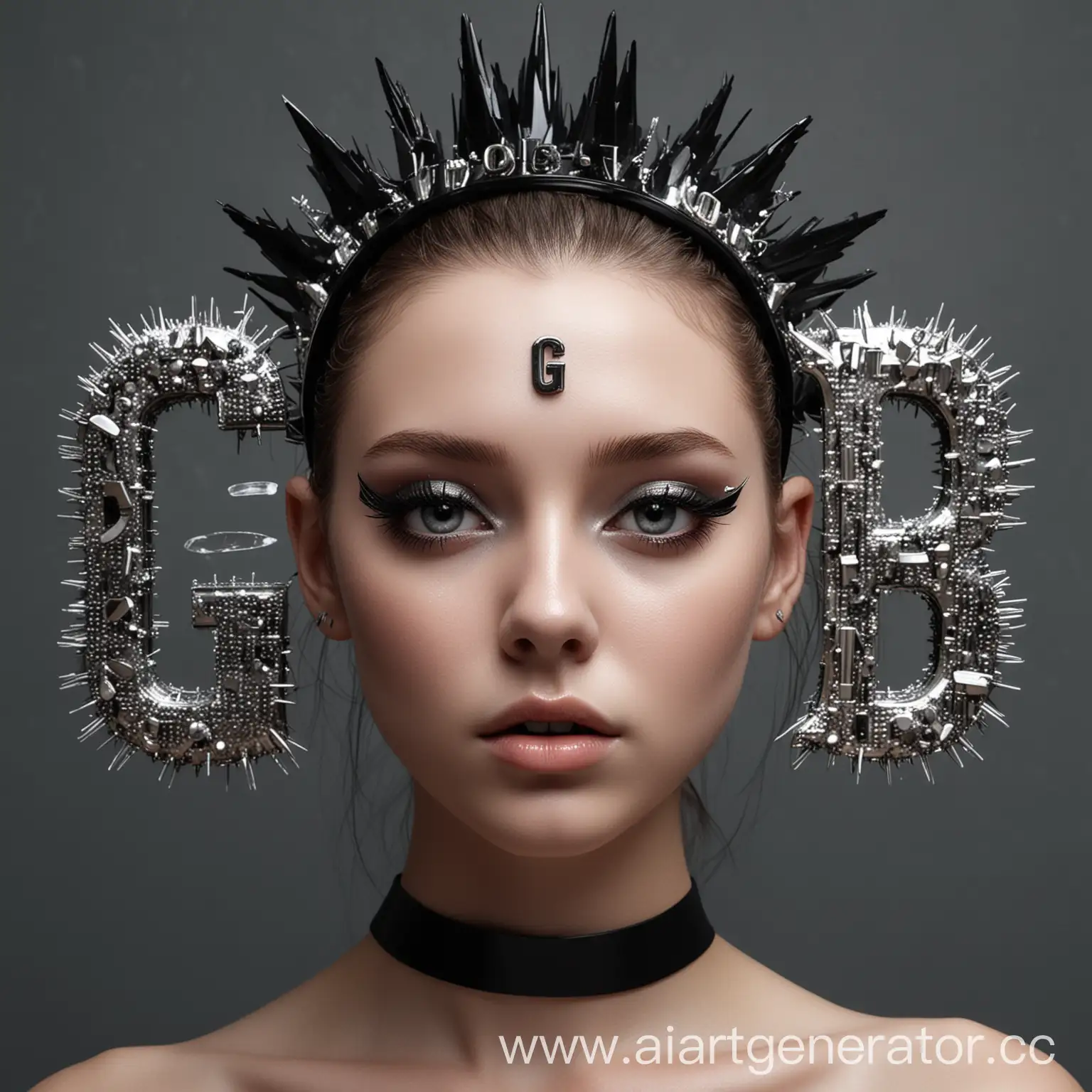 The glossy plaster girl, white eyes, a floating headband around her forehead with the spiky metal letters G, D and B. aesthetics of the underground, modern design, black color palette