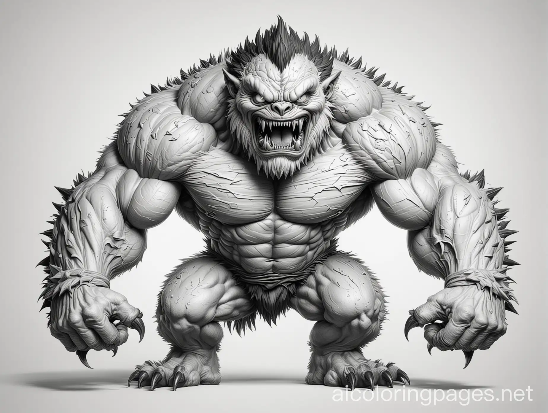 line art, black on white, simplicity, big muscular monster with sharp teeth, angry eyes, furry back, spikes on arms and back , Coloring Page, black and white, line art, white background, Simplicity, Ample White Space. The background of the coloring page is plain white to make it easy for young children to color within the lines. The outlines of all the subjects are easy to distinguish, making it simple for kids to color without too much difficulty