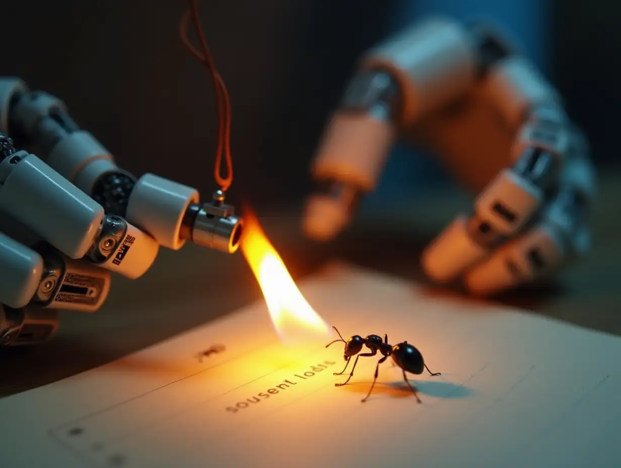 The robot ignites a piece of paper with a lighter on which an ant is crawling, nThe ant is shown in close-up