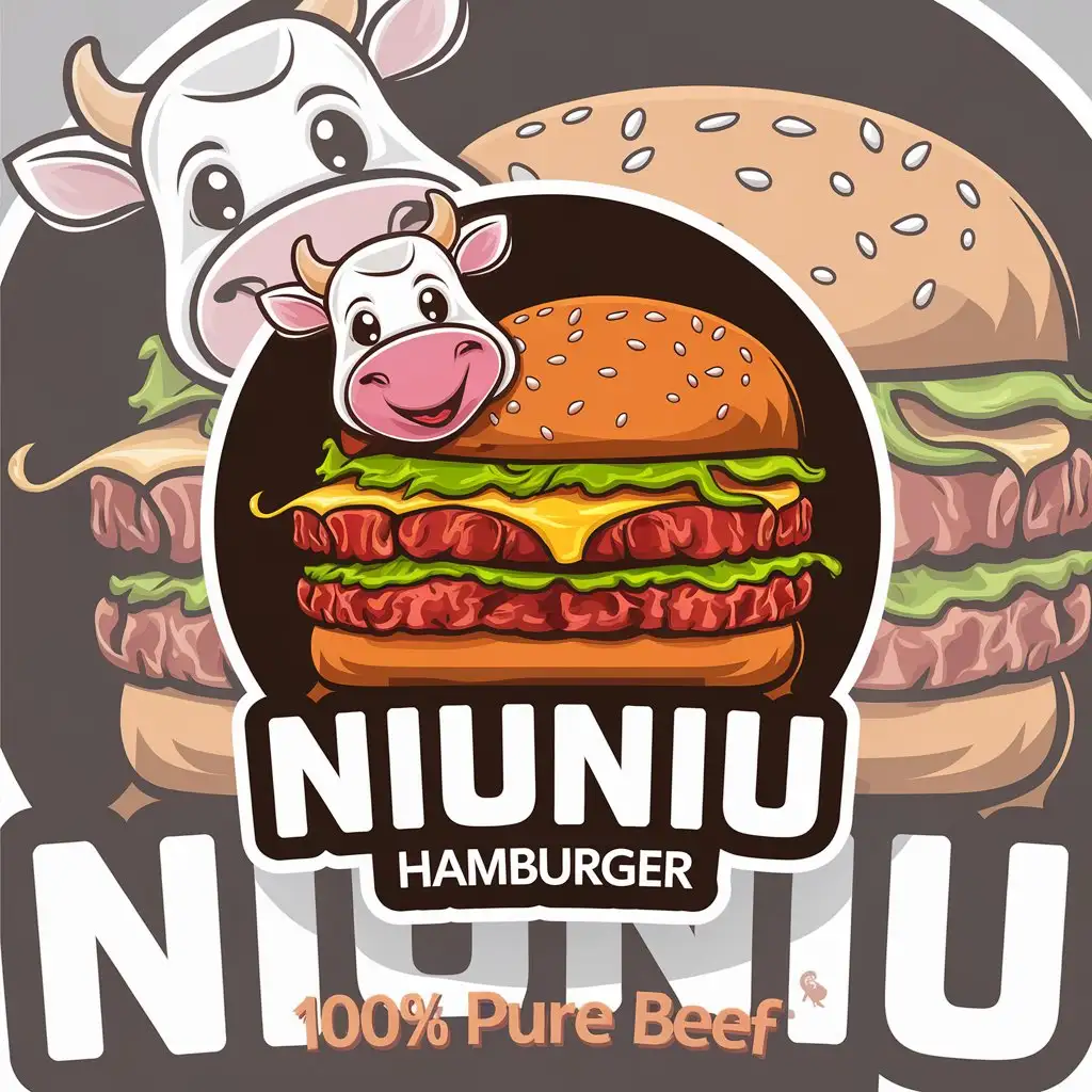 a vector logo design,with the text "Niuniu Hamburger", main symbol:cute happy cow, big burger, conveying delicious taste, with distinctive large chunks of meat, hot and sizzling, 100% pure beef,,Moderate,clear background