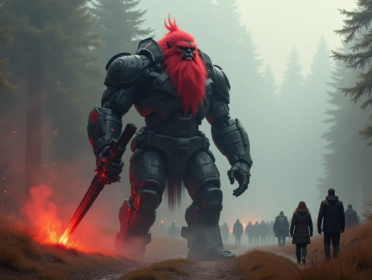 Erstelle mir ein 20 metter Android Titan Cyber Troll in schwarz rot mit Rüstung in eine weitläufige Wüste mit viele Menschen.