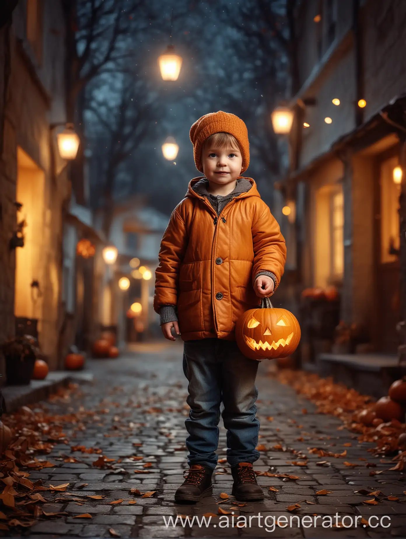 Little-Boy-Holding-Pumpkin-on-Halloween-Night