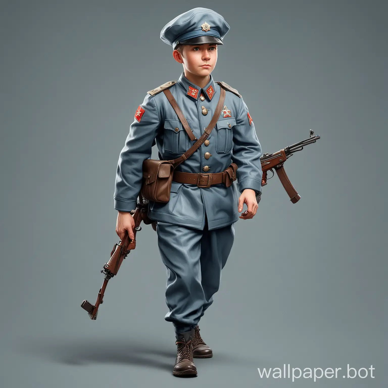 a Red Army soldier, carrying a gun, wearing an octagonal hat, in grey-blue military uniform, cute design, IP design