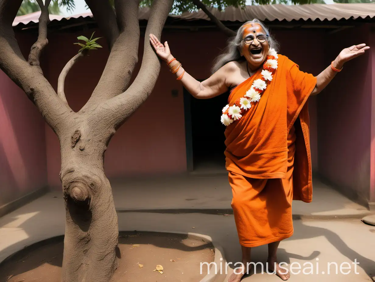 Elderly Hindu Woman Monk Laughing Joyfully in Ashram Courtyard