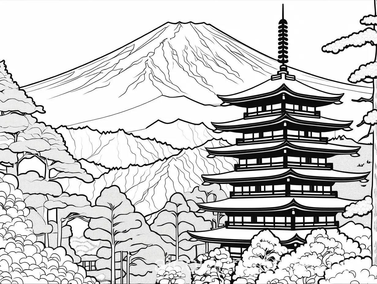 Autumn-Tokyo-Landscape-with-Japanese-Castle-at-Mountain-Summit-Coloring-Page