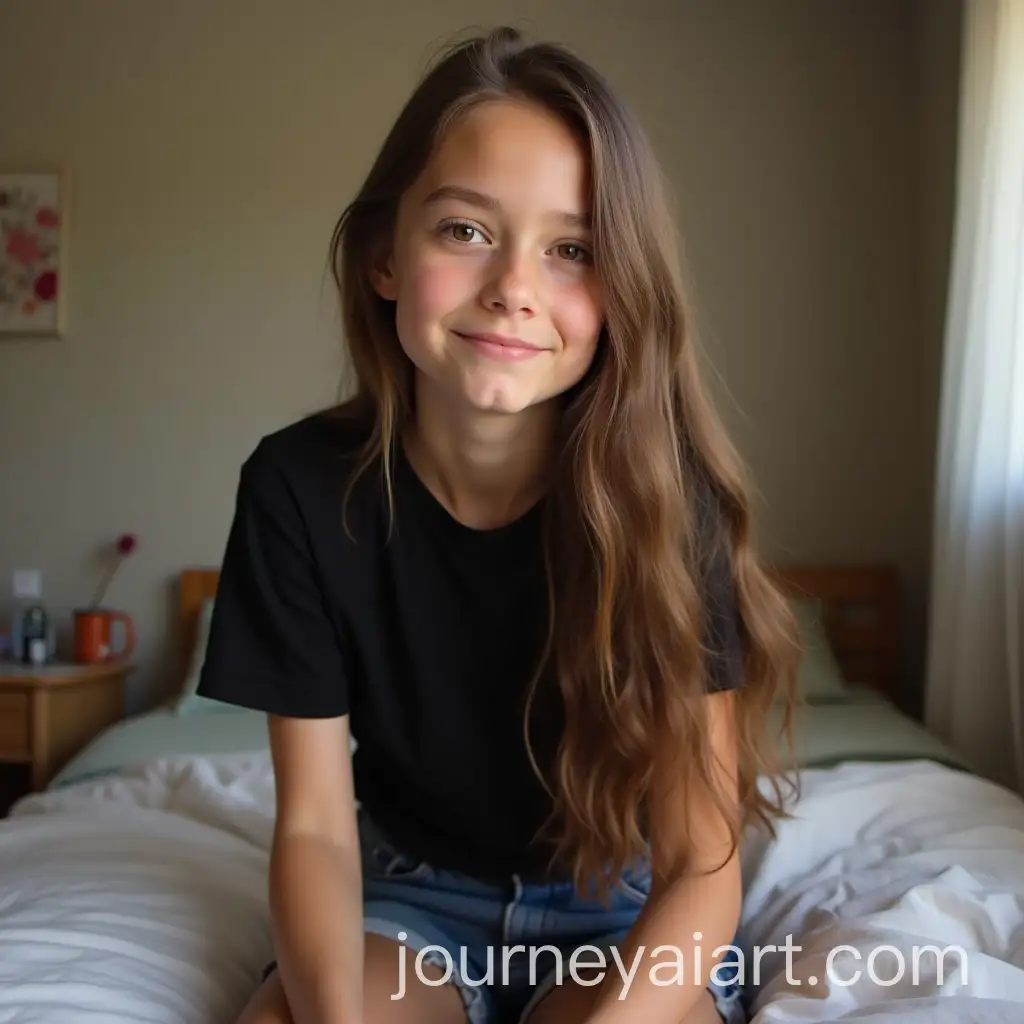 Russian-Schoolgirl-in-Black-TShirt-and-Denim-Shorts-Sitting-on-Bed