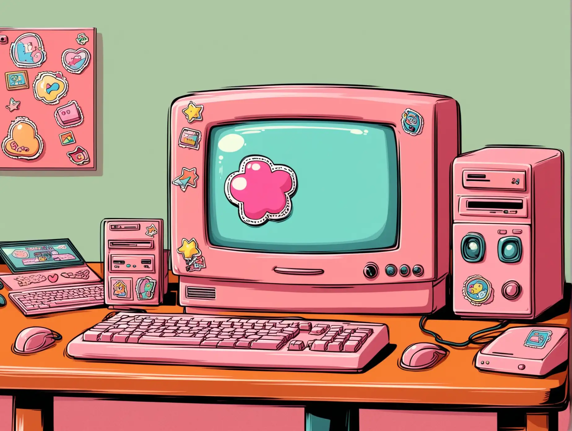 Cute-Pink-Retro-Computer-with-Stickers-on-a-Desk-in-Cartoon-Style