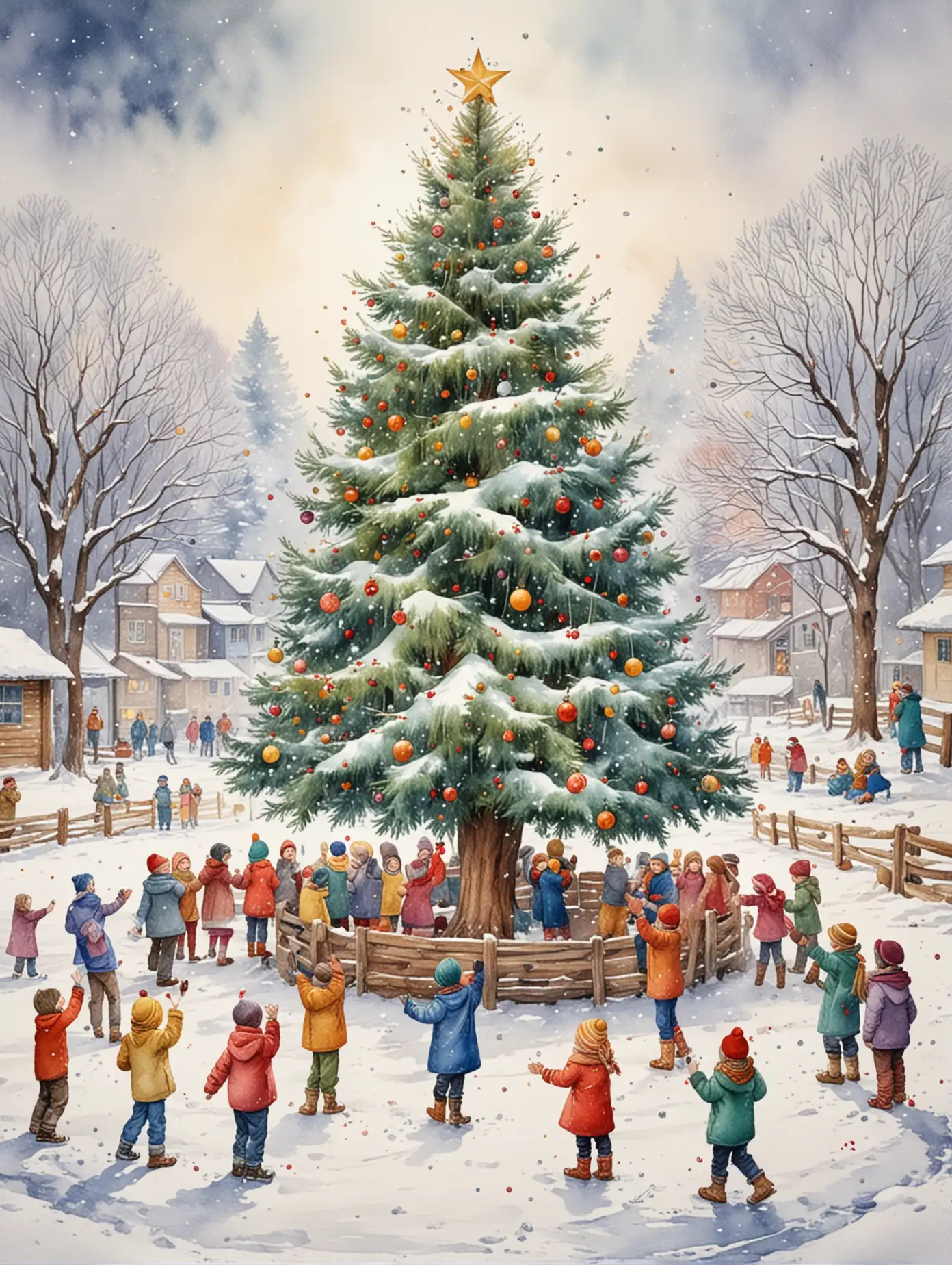 Children-Dancing-Around-a-New-Years-Decorated-Tree-in-Snowy-Landscape