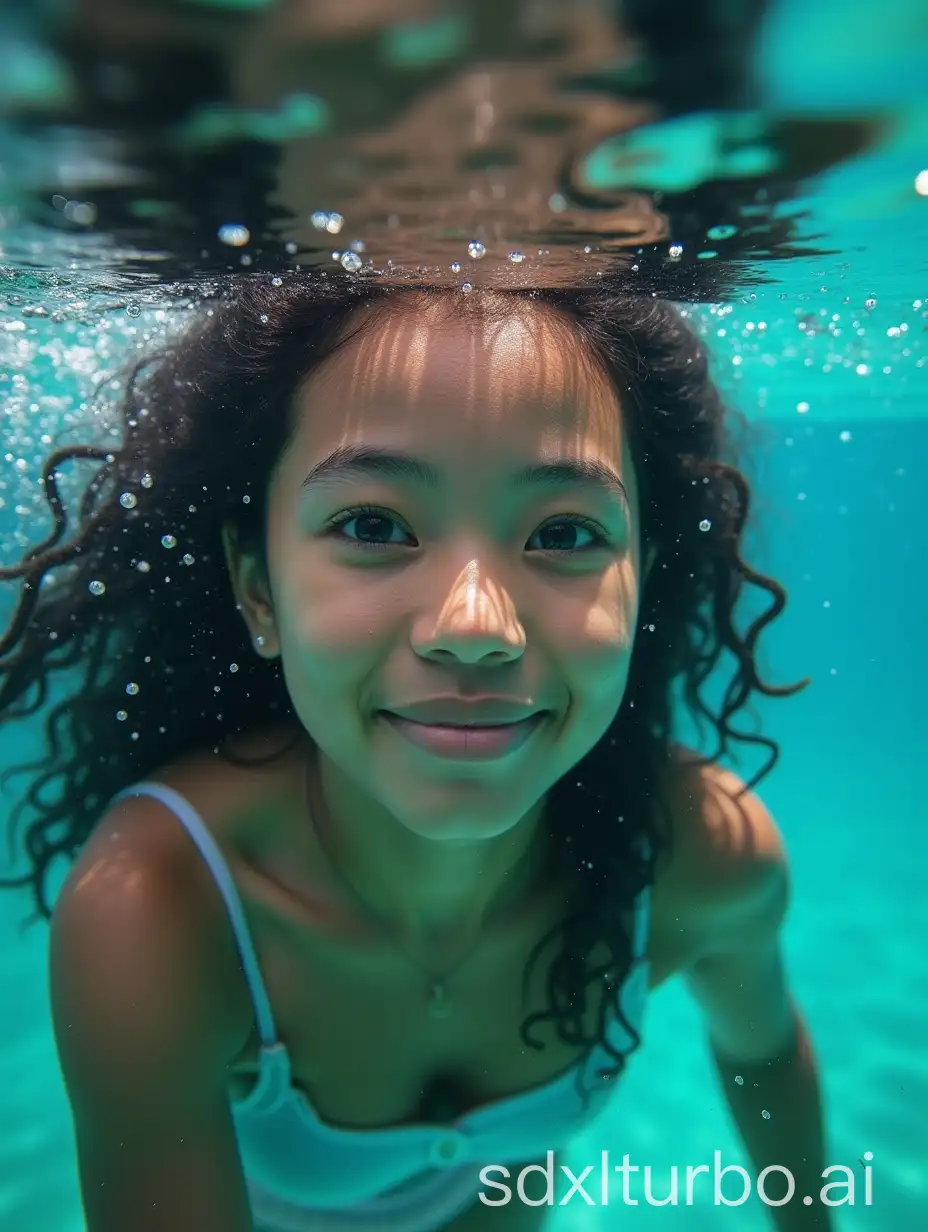 A hyperrealistic close-up photo of a young Polynesian woman swimming underwater in the crystal-clear ocean. Sunlight filters through the surface, casting a magical glow on her curious face.