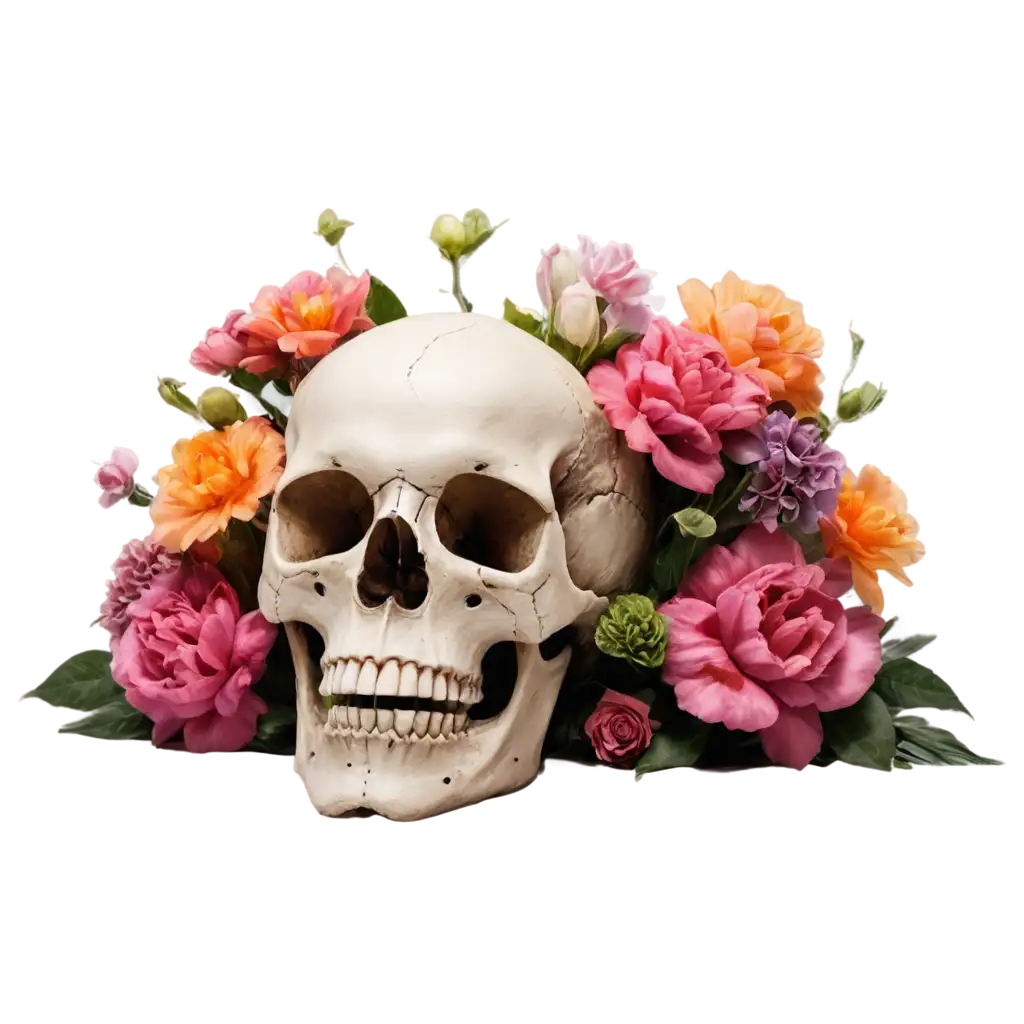 a skull with flowers growing out of it