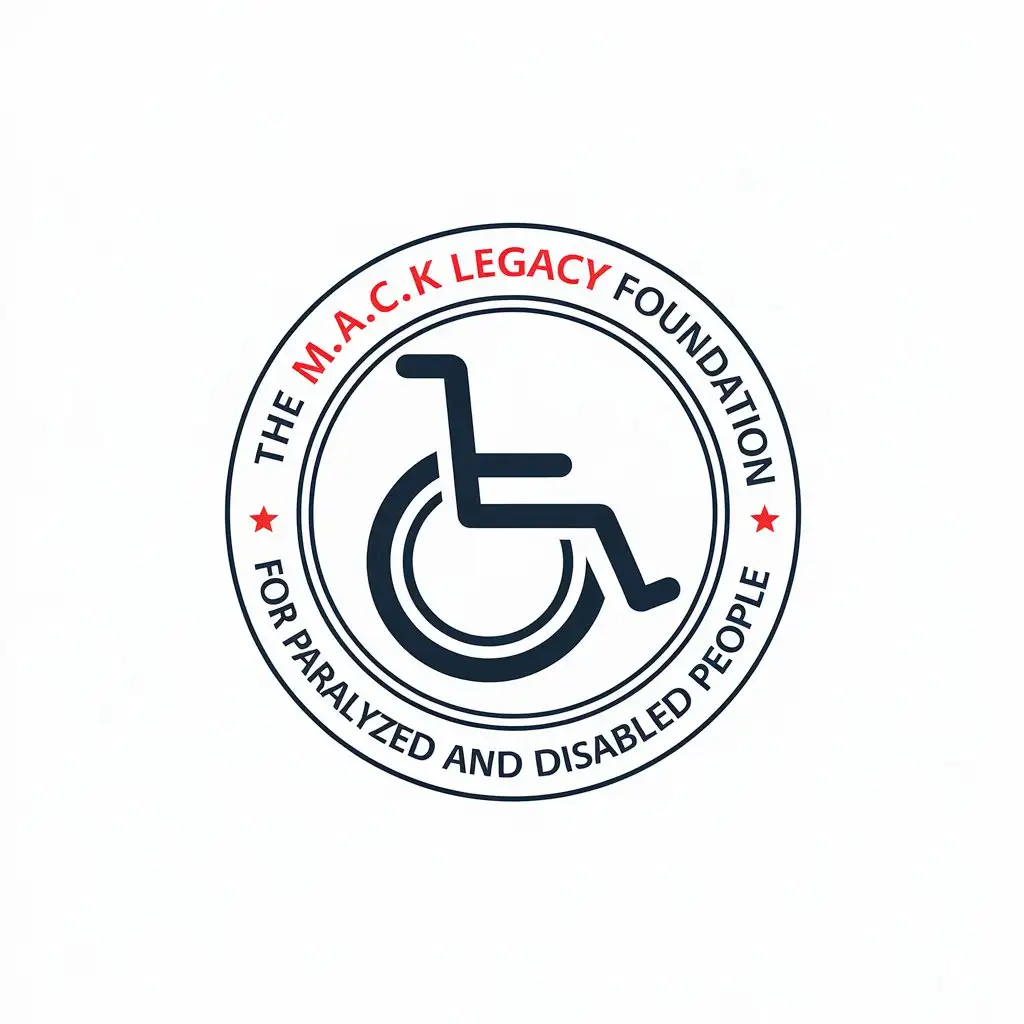 LOGO Design for The MACK Legacy Foundation for Paralyzed and Disabled People Wheelchair and Circle Symbol with Red and Blue Letters