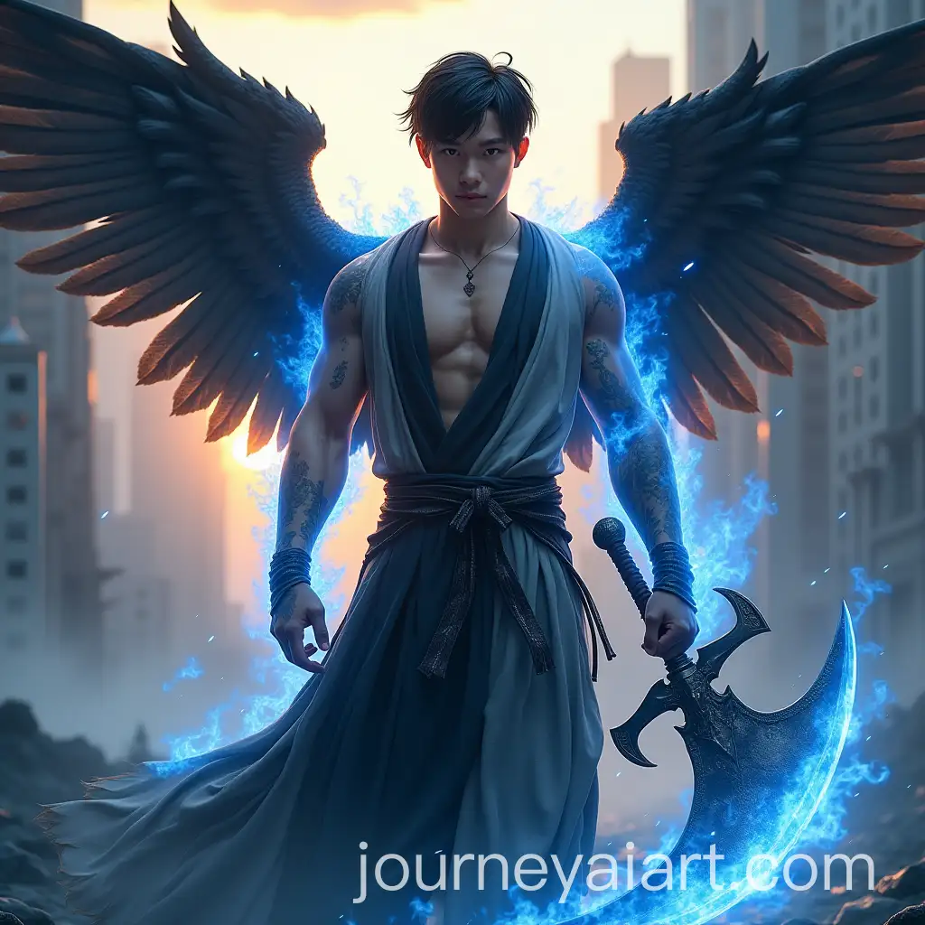Powerful-Asian-Youth-with-Winged-Robe-and-Scythe-Sword-in-Urban-Ruins