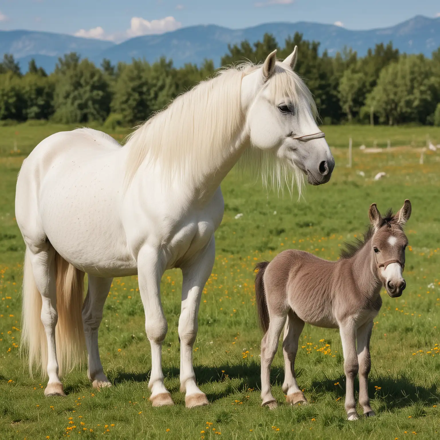 White-Horse-and-Donkey-in-Sunny-Field