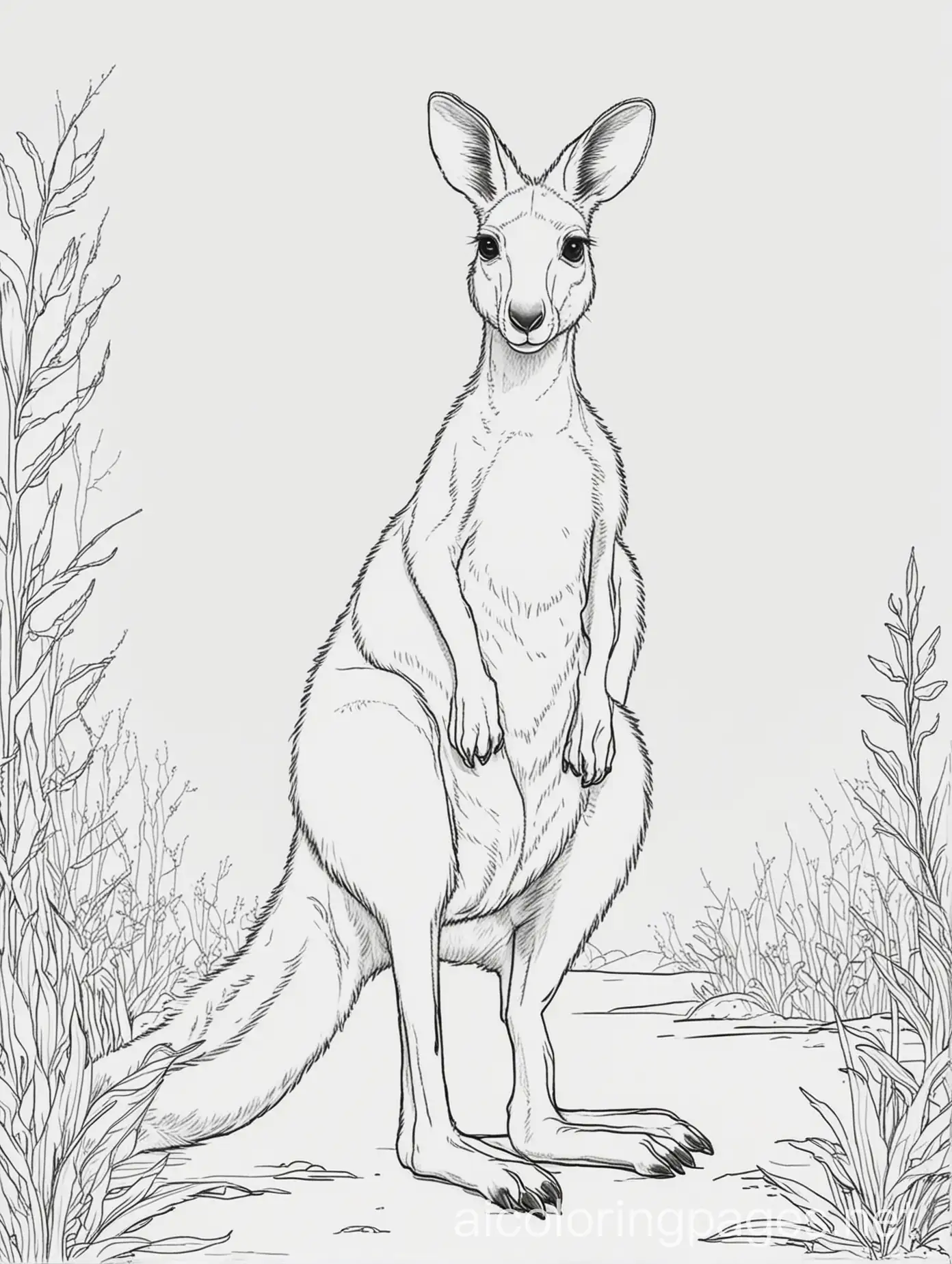kangaroo , Coloring Page, black and white, line art, white background, Simplicity, Ample White Space. The background of the coloring page is plain white to make it easy for young children to color within the lines. The outlines of all the subjects are easy to distinguish, making it simple for kids to color without too much difficulty