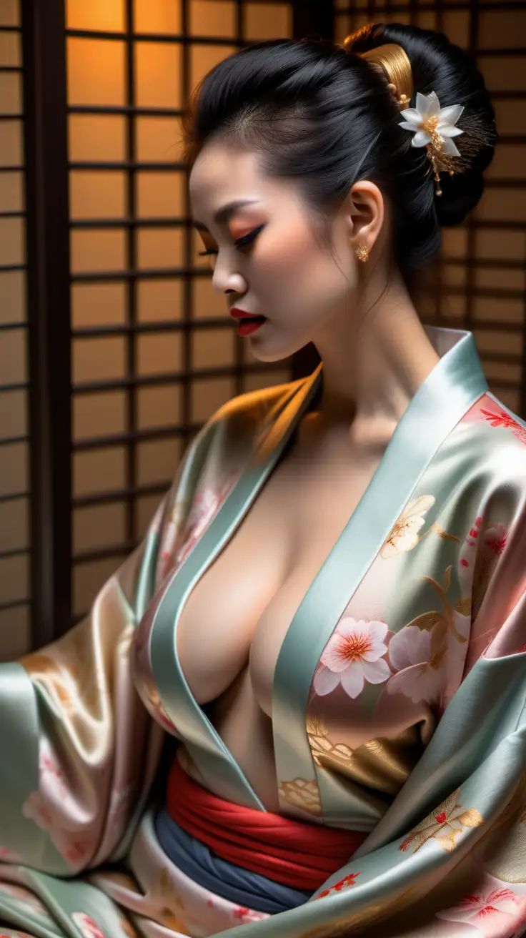 Elegant-Japanese-Woman-in-Kimono-Posing-on-a-Luxury-Canopy-Bed