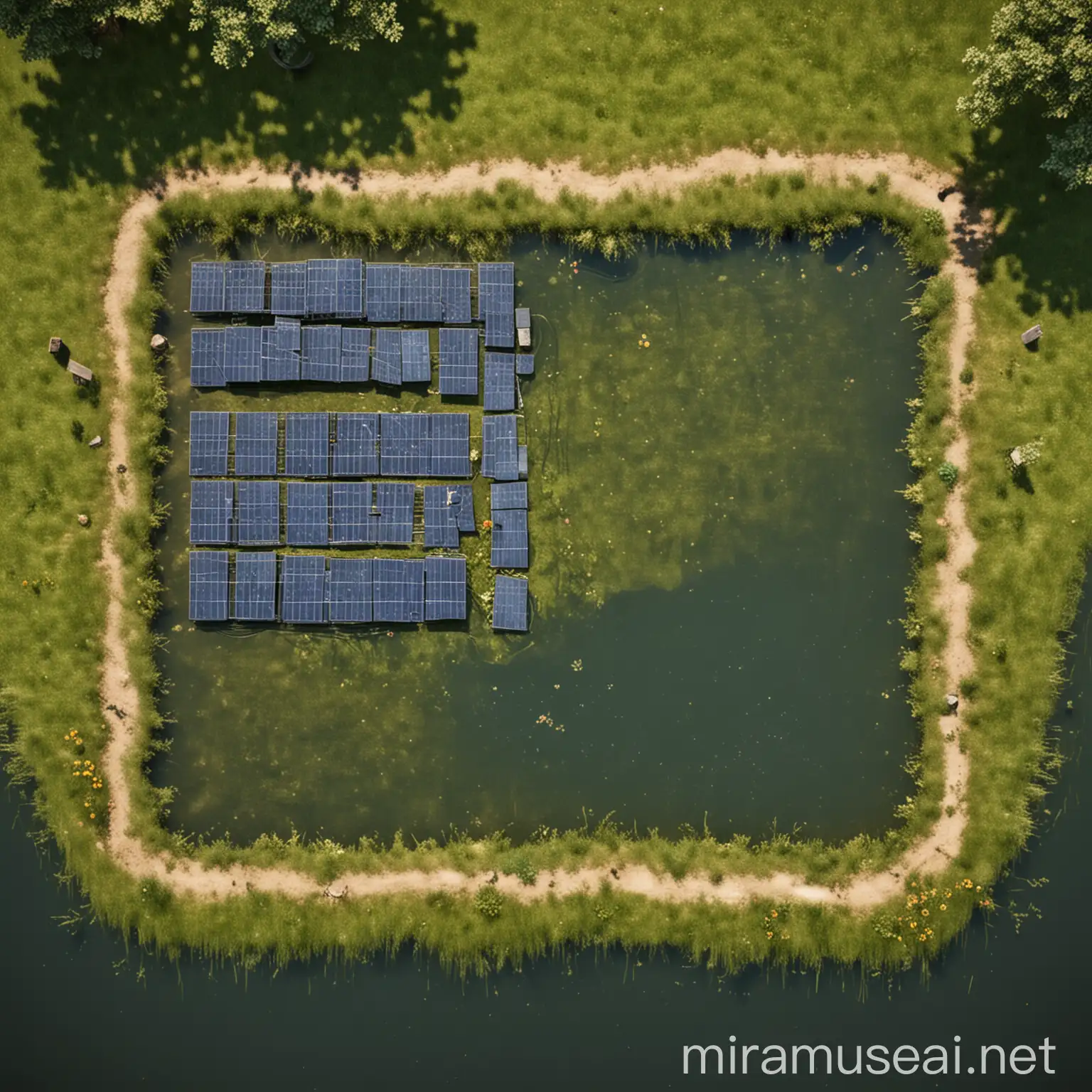 Farm Pond with Floating Solar Panels in Photorealistic Scene