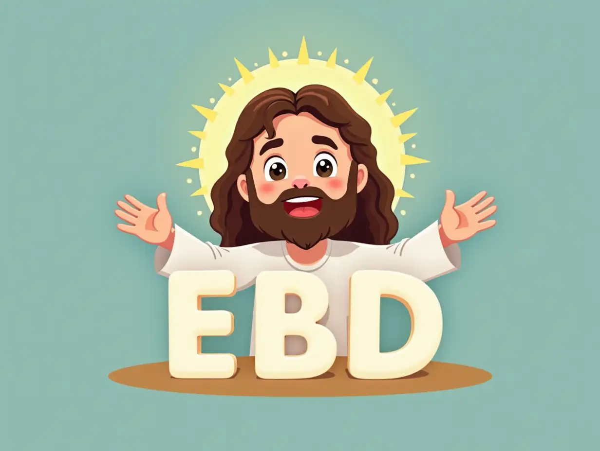 Jesus behind the letters 'EBD', with hands raised in a invite to EBD, in the style of cute animation