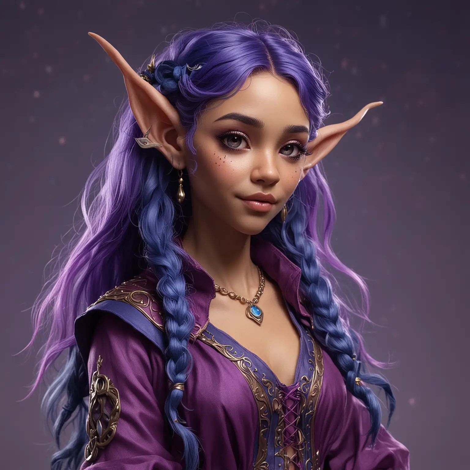 Whimsical Astral Elf Bard in Dark Magenta and Blue Attire with Vibrant Hair