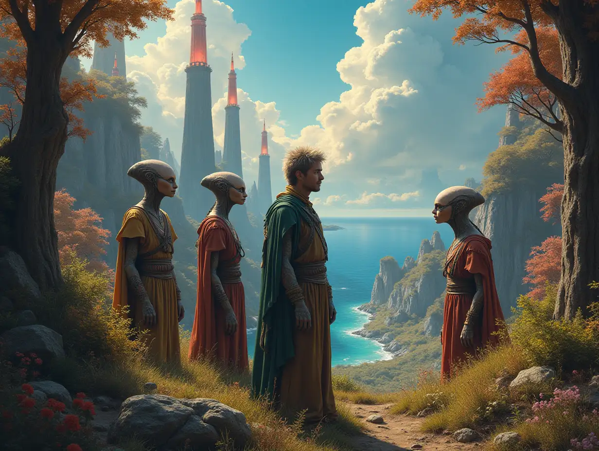 Hyperrealistic portrait of a multiverse time traveler with different alien beings Detailed, colorful forest wilderness in the background, with utopian towers and sea