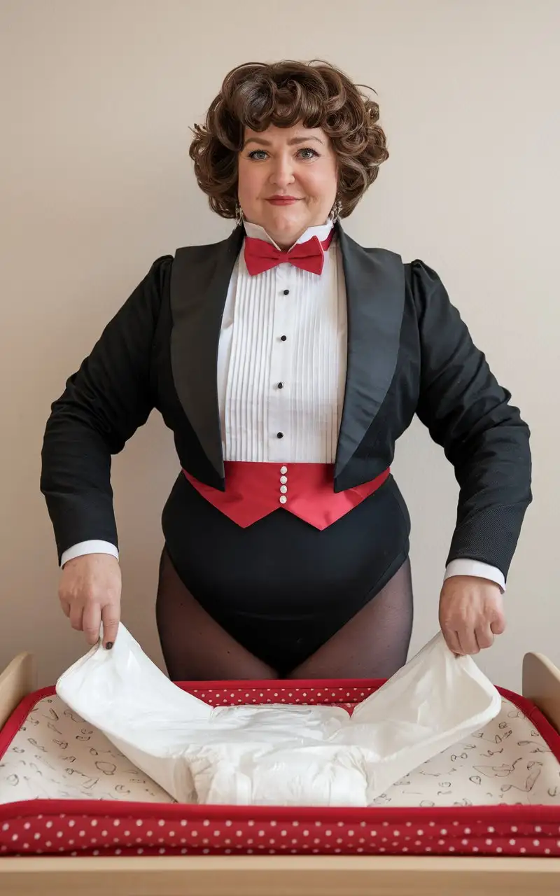 Smiling-Caucasian-Woman-in-Formal-Tuxedo-Changing-Diaper-in-Nursery