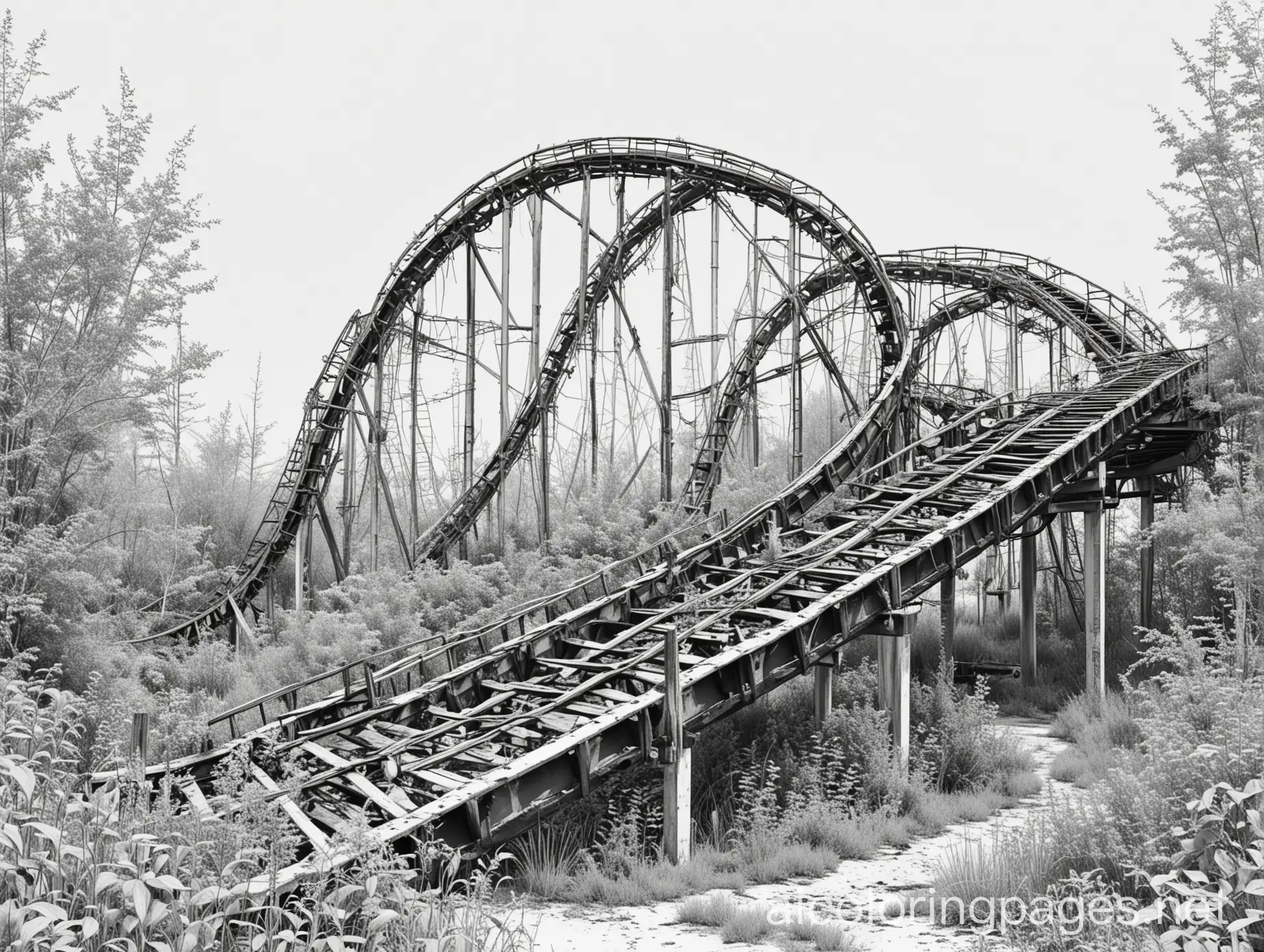 post apocalyptic ruined abandoned derelict  roller coaster overgrown with plants, Coloring Page, black and white, line art, white background, Simplicity, Ample White Space. The background of the coloring page is plain white to make it easy for young children to color within the lines. The outlines of all the subjects are easy to distinguish, making it simple for kids to color without too much difficulty