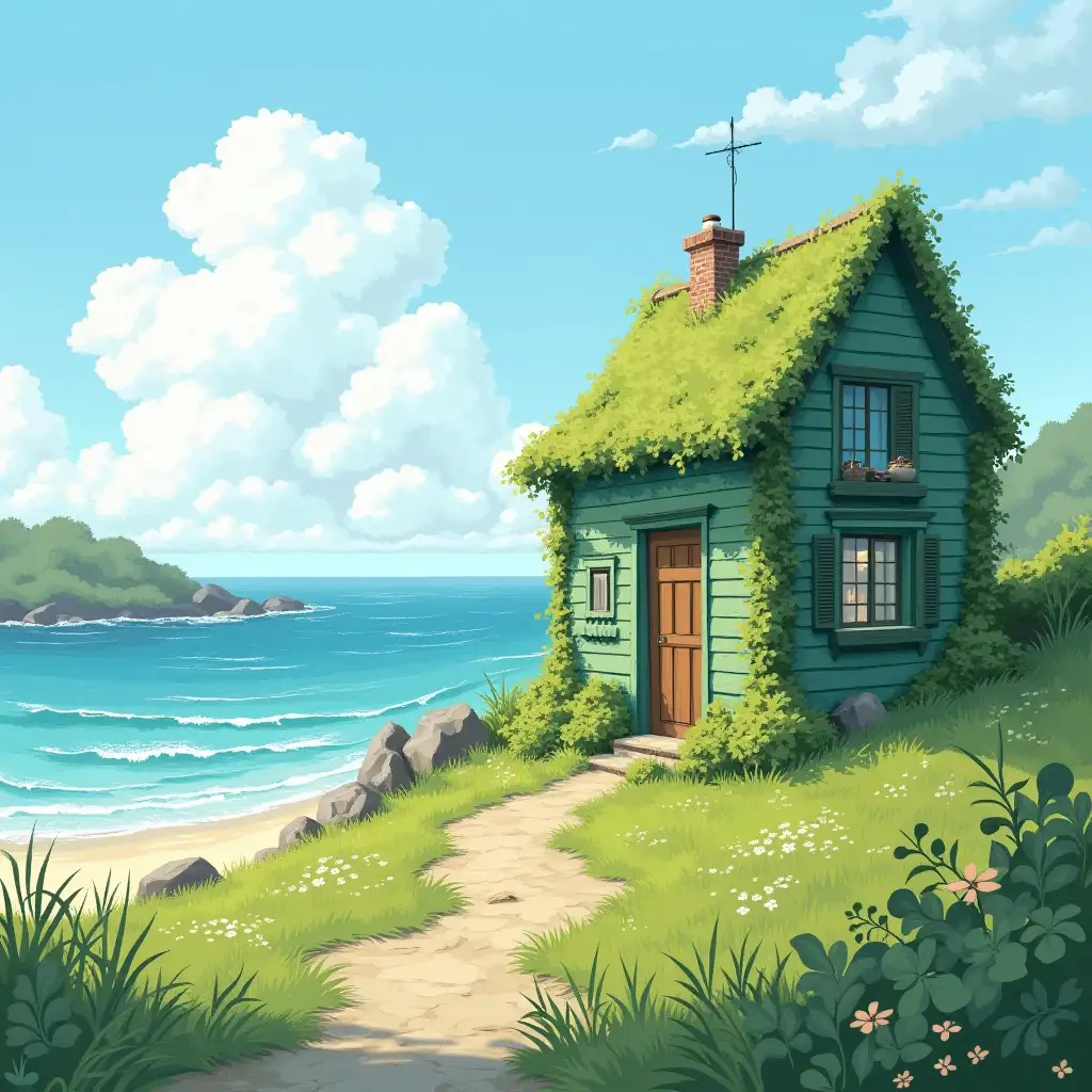 A green cottage by the seashore