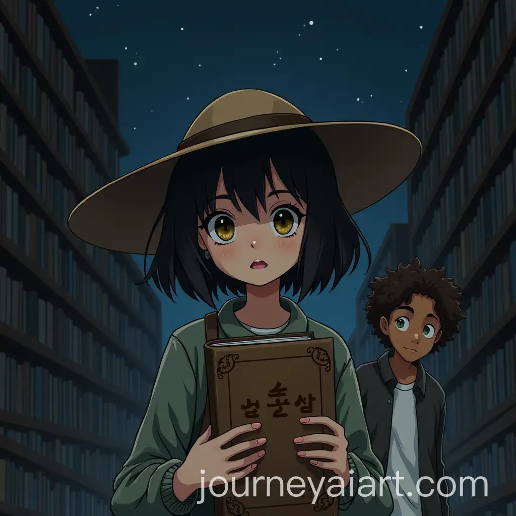 Brunette-Girl-with-Ancient-Book-and-Young-ManAI-Art-Prompt-Expansion-in-Mysterious-Library-at-Night