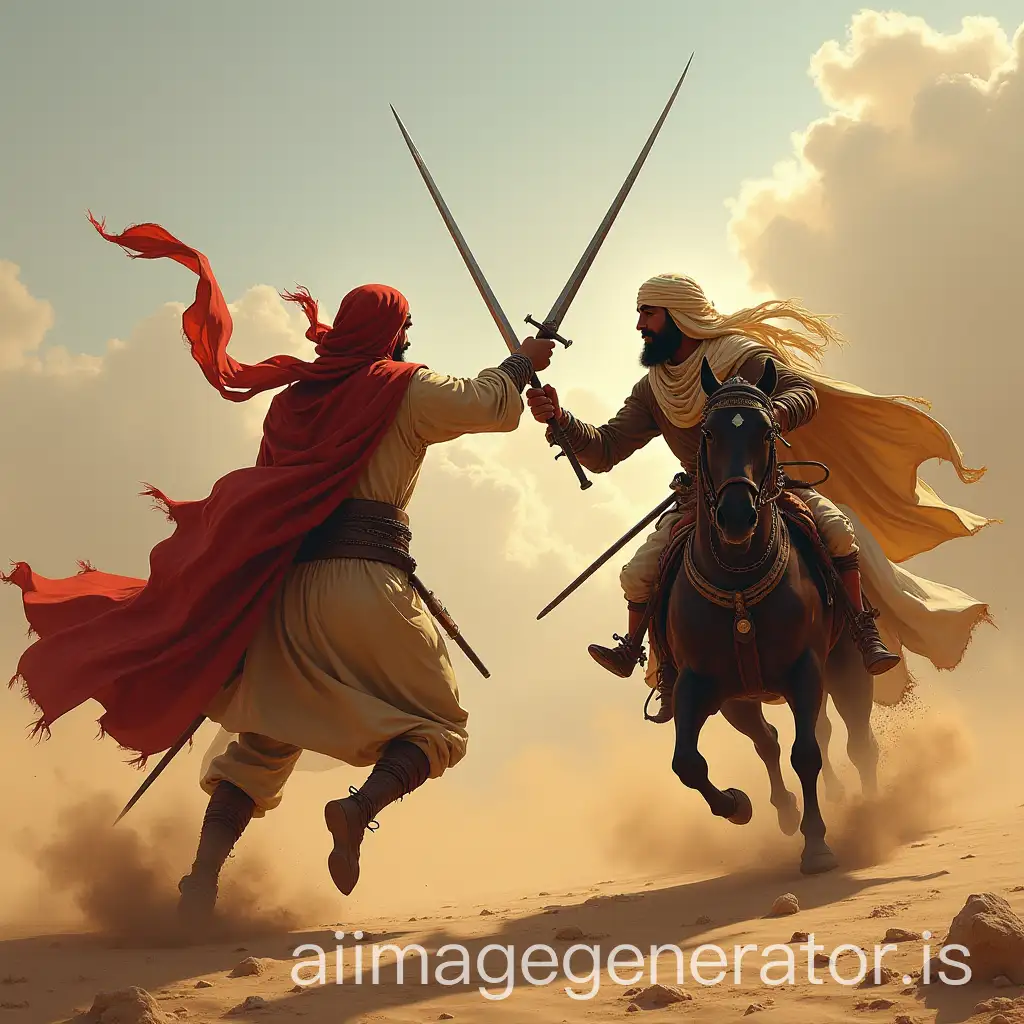 Arab-Warriors-Engaged-in-Sword-Combat-in-Desert-Landscape